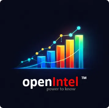 Colorful bar chart with upward trend lines above the text 'openIntel power to know' on a dark background.