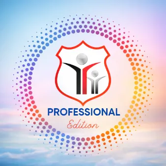 Professional Edition logo featuring two abstract human figures inside a shield with a halo of colorful dots on a sky background.