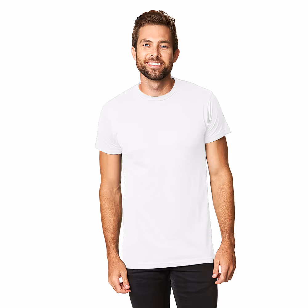 Man wearing lightweight white cotton tee as viewed from the front