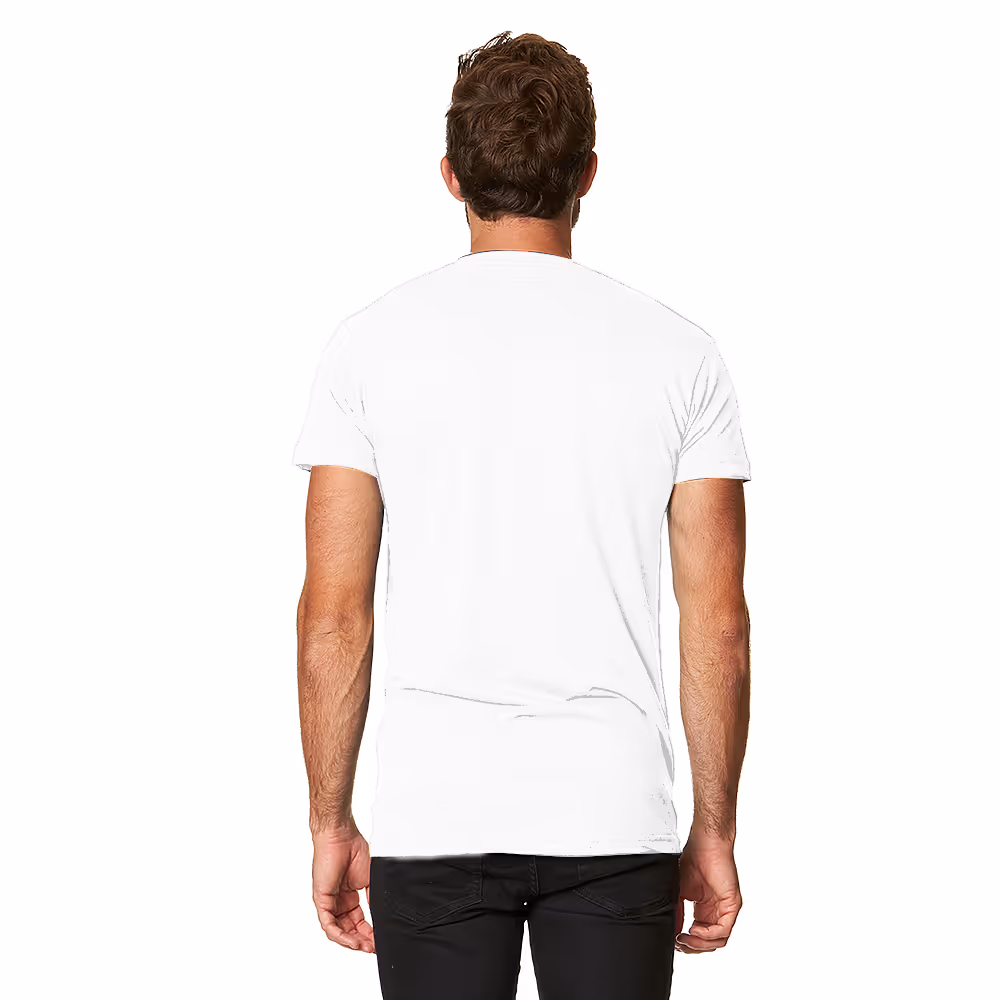 Man wearing lightweight white cotton tee as viewed from the back