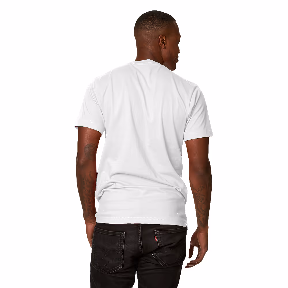 Man wearing heavyweight white cotton tee as viewed from the back