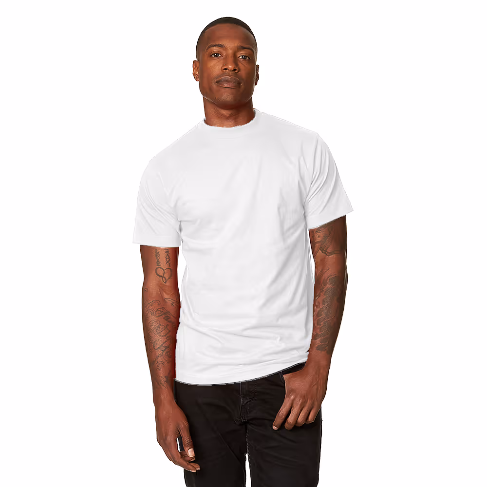 Man wearing heavyweight white cotton tee as viewed from the front
