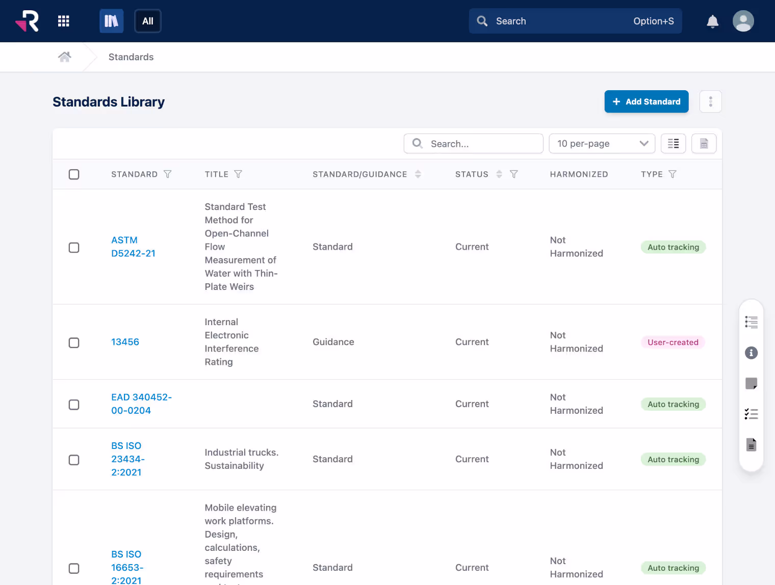 Regulations and standards tracking