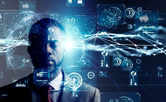 Homme d'affaires en costume avec les yeux fermés entouré de graphiques et de données numériques futuristes projetées.