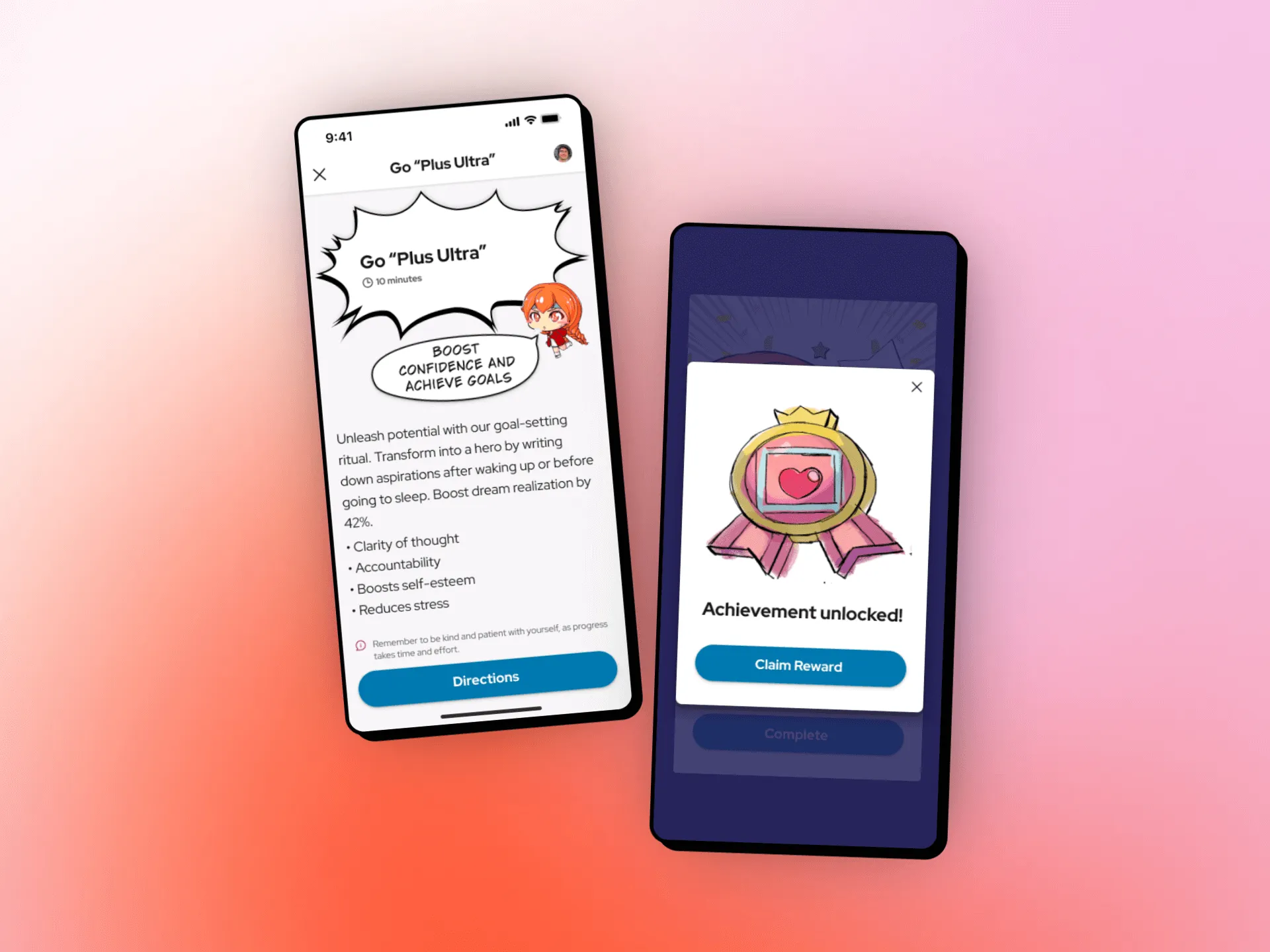 2 mobile screenshots of Go "Plus Ultra" and "Achievement unlocked!"