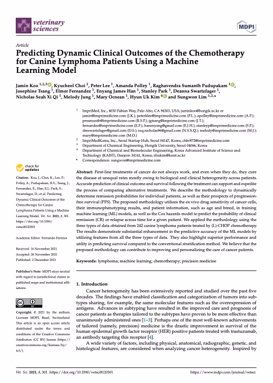 First page of Predicting Dynamic Clinical Outcomes of the Chemotherapy for Canine Lymphoma Patients Using a Machine Learning Model published by Veterinary Sciences in Dec 2021