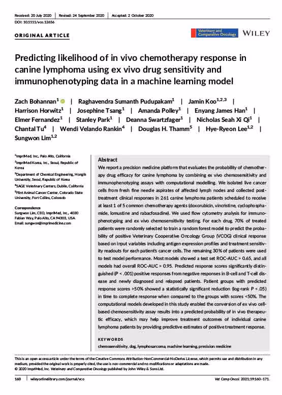 First page of Predicting likelihood of in vivo chemotherapy response in canine lymphoma using ex vivo drug sensitivity and immunophenotyping data in a machine learning model by Veterinary Comparative Oncology in Oct 2020.