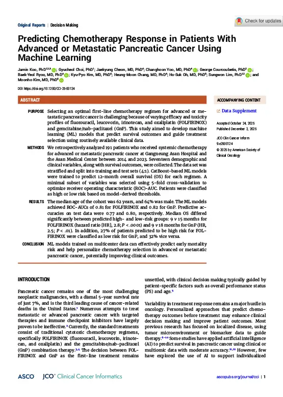 Research article titled 'Predicting Chemotherapy Response in Patients With Advanced or Metastatic Pancreatic Cancer Using Machine Learning' with abstract and introduction sections explaining study purpose, methods, results, and conclusion on chemotherapy regimen optimization.