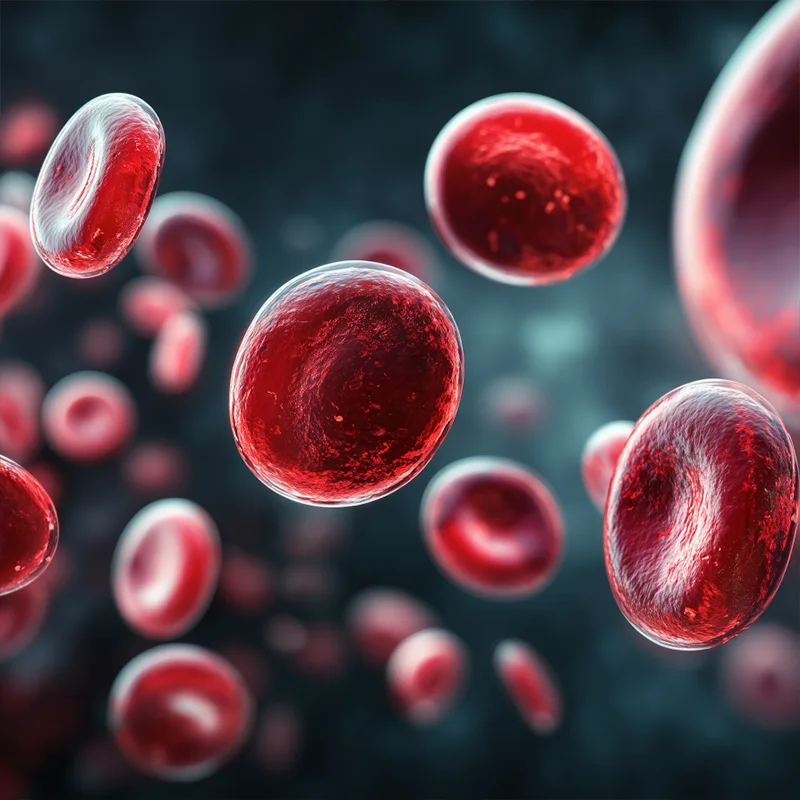 Close-up 3D rendering of numerous red blood cells floating in a dark, blurred background.