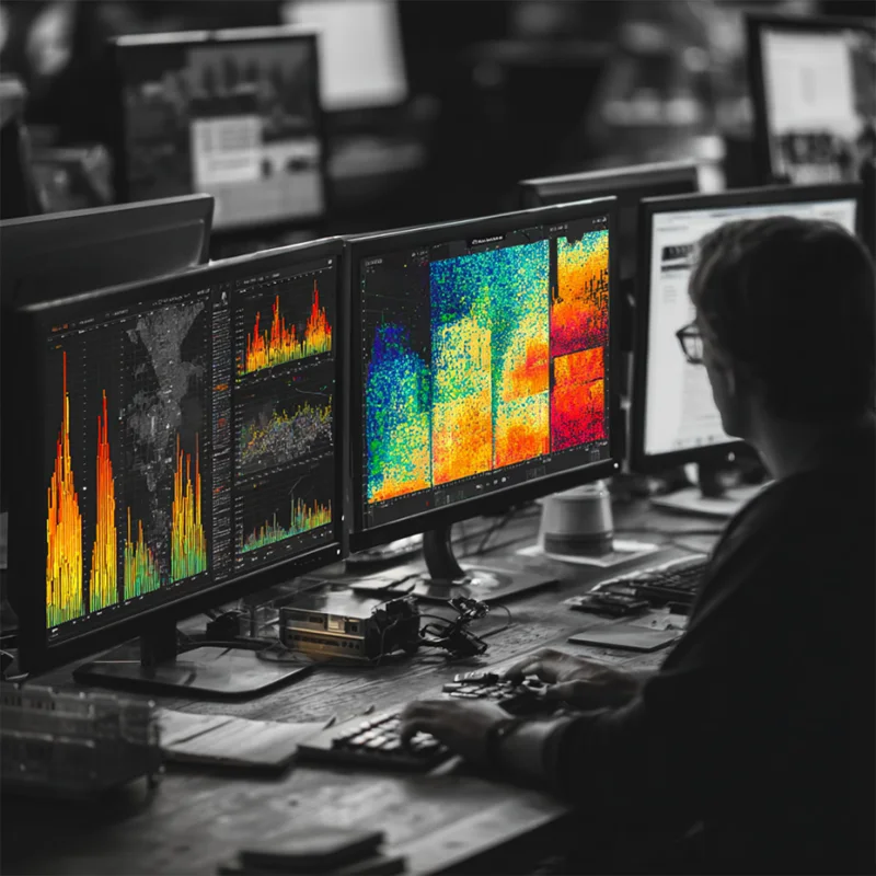 Person working at a desk with multiple monitors displaying colorful data visualizations and heat maps.
