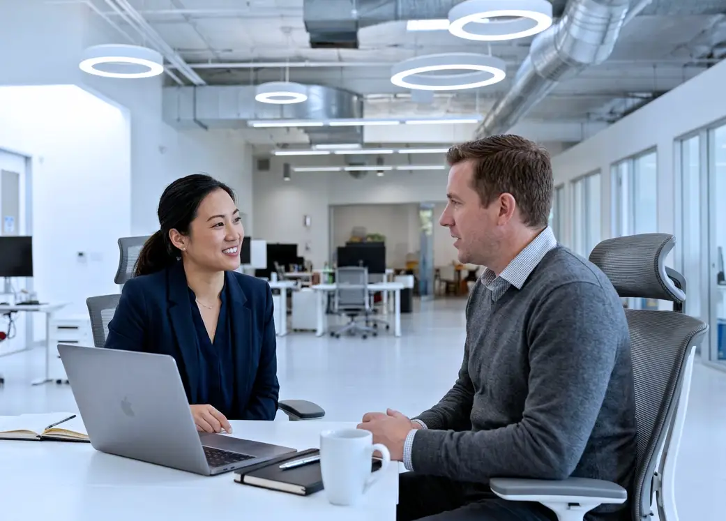 a female and a male co-workers working at ImpriMed's office