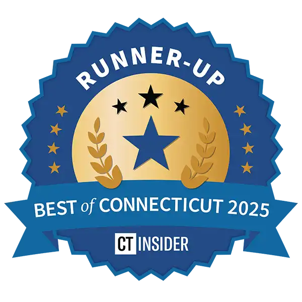Blue and gold badge reading "Runner-Up Best of Connecticut 2025" from CT Insider, with a star and laurel design in the center of the image.