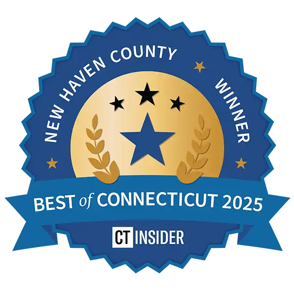 Blue and gold badge reads "New Haven County Winner, Best of Connecticut 2025" with stars, laurel branches, and CT Insider logo at the bottom.