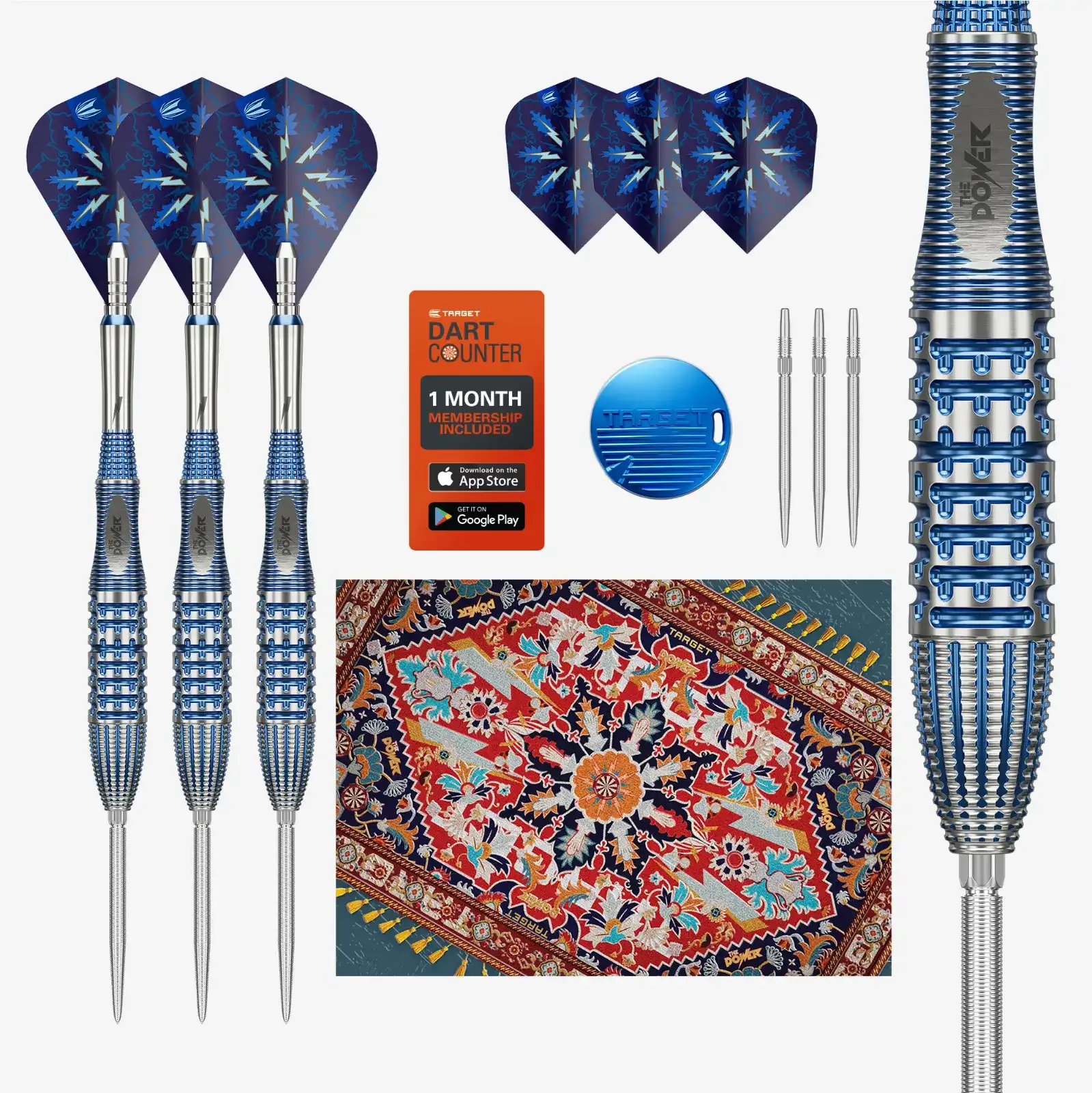 Premium blue and silver Target Power darts set with three assembled darts, extra flights and tips, dart counter membership card, token, and patterned mat.