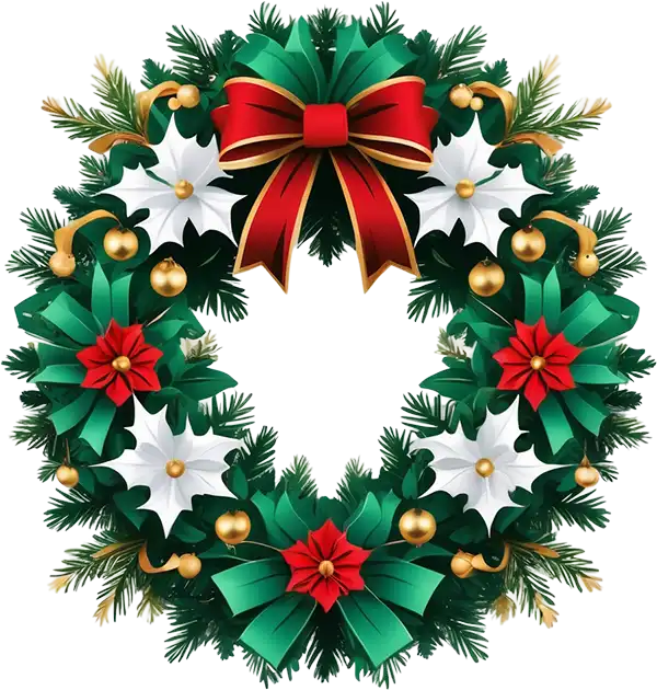 Festive Christmas wreath with green pine branches, red and white poinsettias, gold ornaments, and a large red bow.