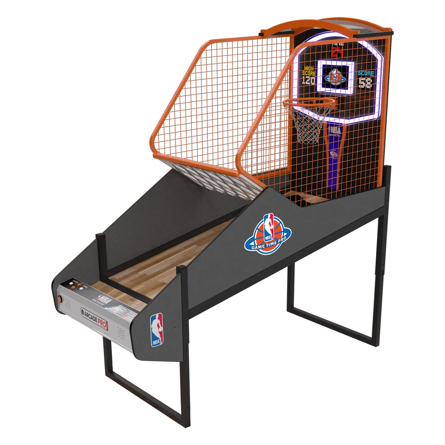 NBA Game Time Pro home arcade basketball machine featuring a digital LED scoreboard, orange wire cage, and official branding for indoor game rooms.