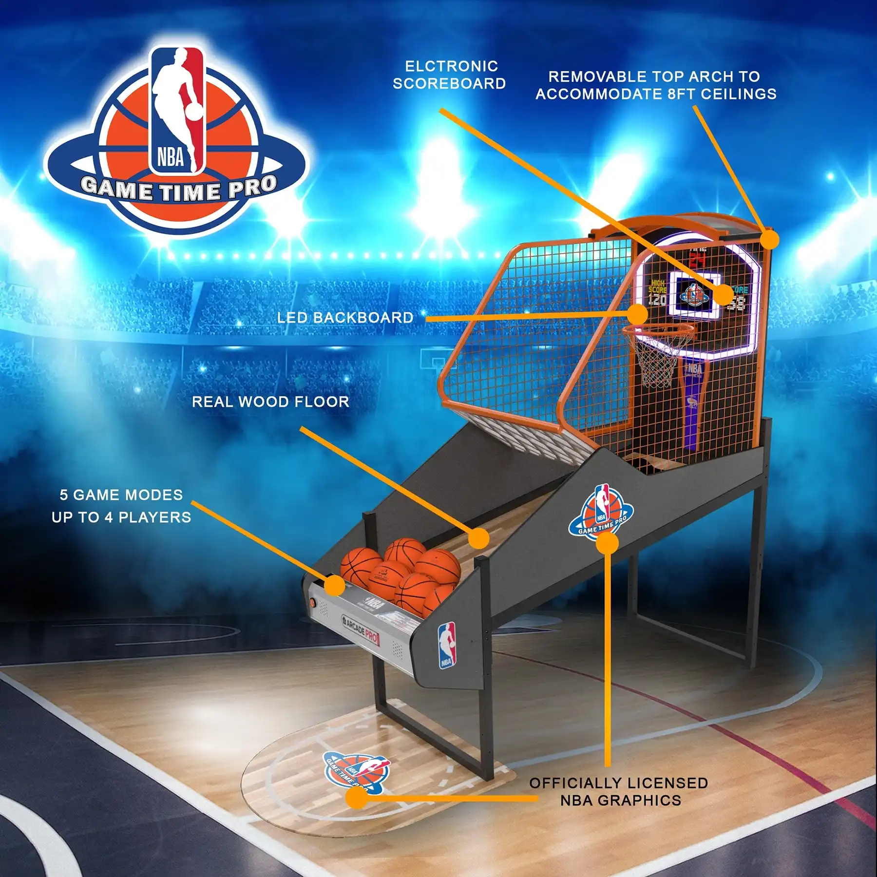 Features of the NBA Game Time Pro: LED backboard, electronic scoreboard, real wood floor ramp, 5 game modes, and removable arch.