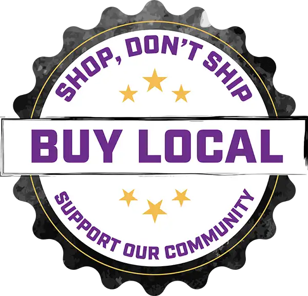 A Buy Local badge featuring purple text reading Shop, Don't Ship and Support Our Community with gold stars to encourage shopping at small businesses.