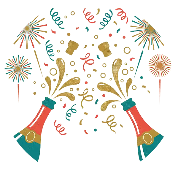 Two popping champagne bottles with golden spray, colorful confetti, and fireworks. Festive vector illustration for New Year's Eve or party celebrations.