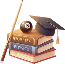 Illustration of an 8-ball wearing a graduation cap, resting on a stack of physics and geometry books next to a pool cue.