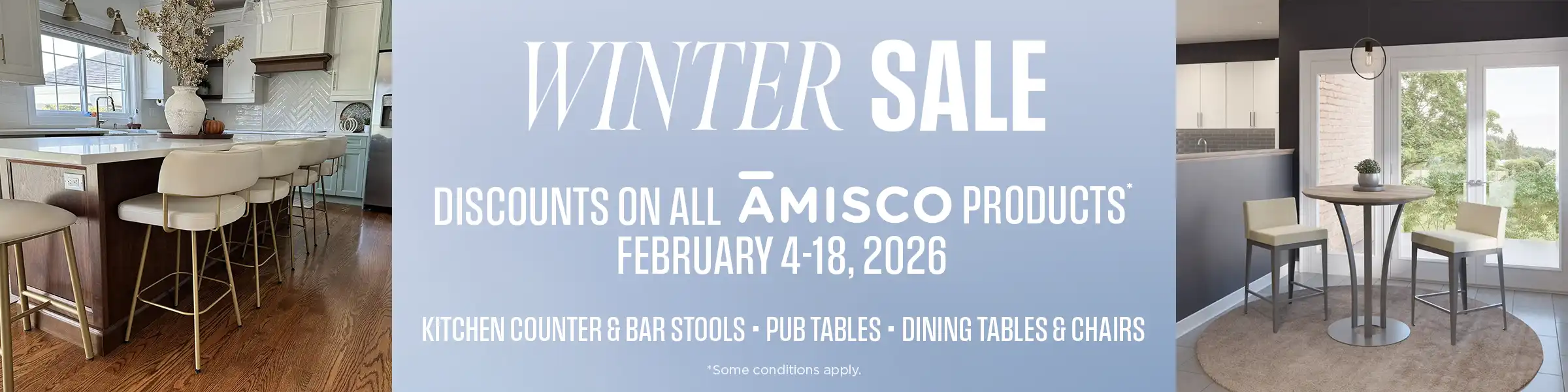 Amisco Winter Sale Feb 4-18, 2026: Discounts on all products including kitchen counter stools, bar stools, pub tables, and dining tables and chairs.