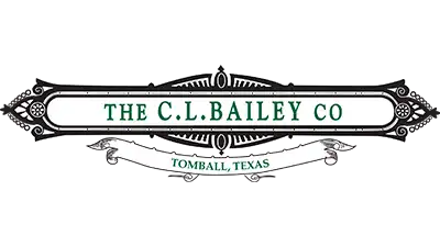 Vintage-style logo for The C.L. Bailey Co of Tomball, Texas, featuring green serif text inside a black decorative frame with a white banner underneath.