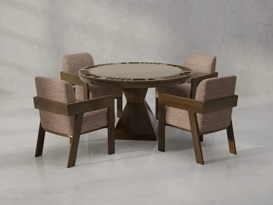 The California House Cypress round poker table set with four upholstered wooden armchairs, featuring a pedestal base and built-in chip and cup holders.