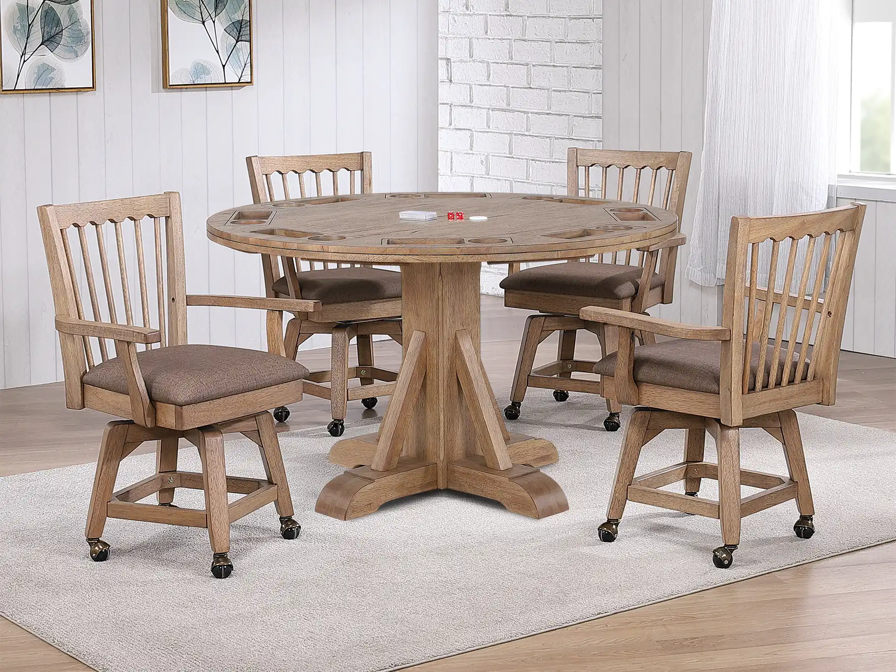 ECI Furniture Brownstone round poker table with built-in chip trays and four matching wood swivel chairs on casters in a bright, modern dining room.