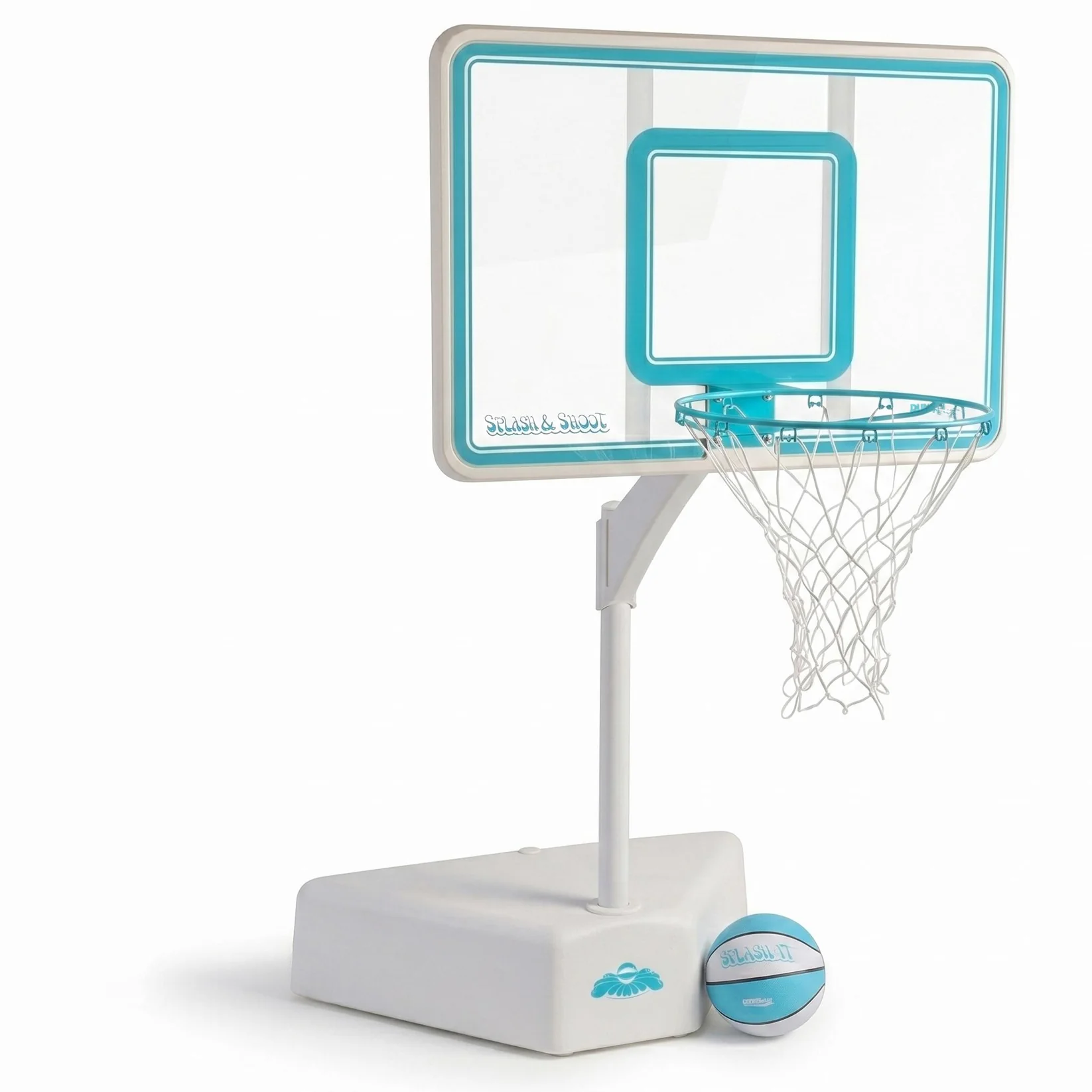 Portable poolside basketball hoop with a clear polycarbonate backboard, teal trim, white water-fillable base, and matching blue basketball.