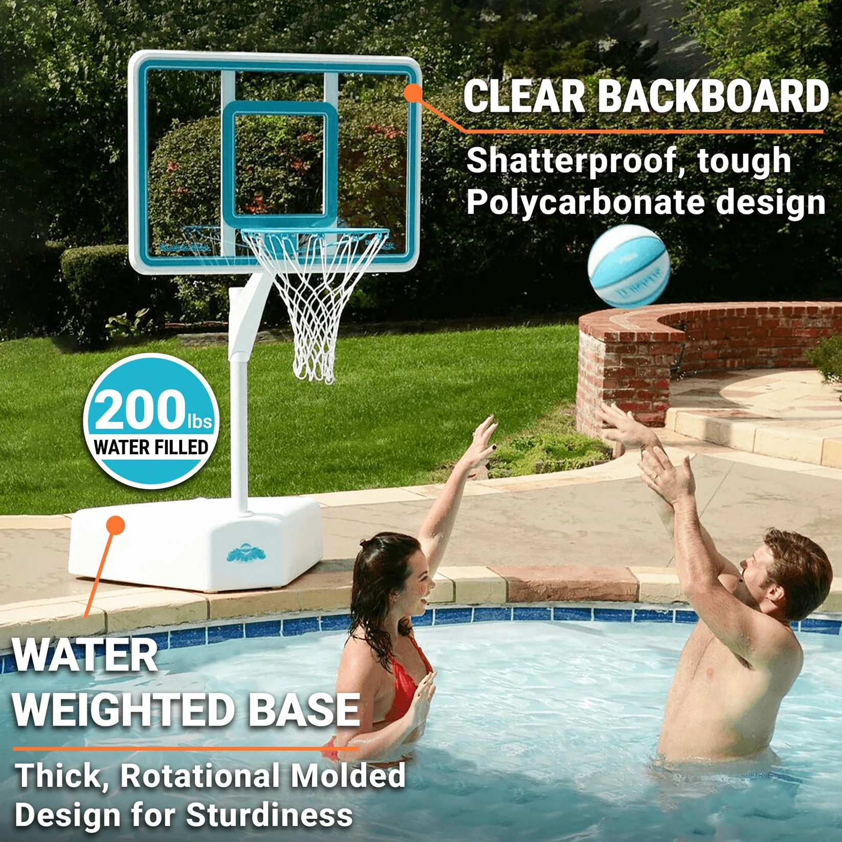 A man and woman playing pool basketball with a water-weighted base hoop system featuring a shatterproof, clear polycarbonate backboard.