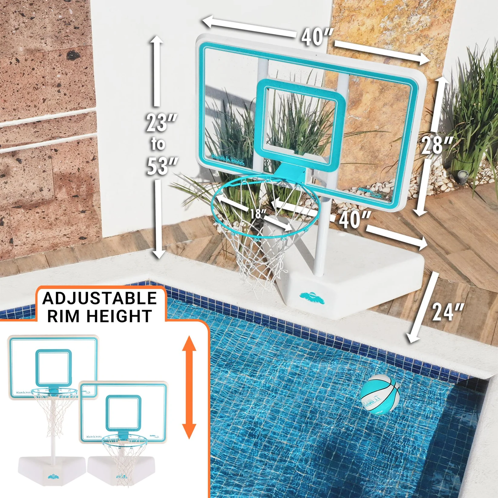 Poolside basketball hoop diagram showcasing dimensions including a 40-inch backboard, 18-inch rim, and adjustable height from 23 to 53 inches.