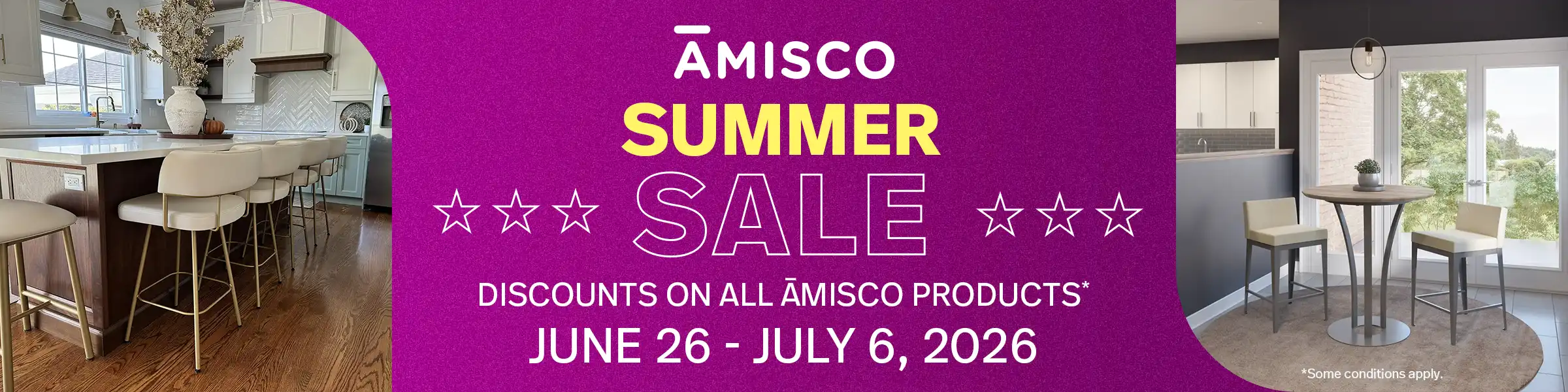Amisco Summer Sale banner featuring modern kitchen bar stools and pub tables with discounts on all products from June 26 to July 6, 2026.