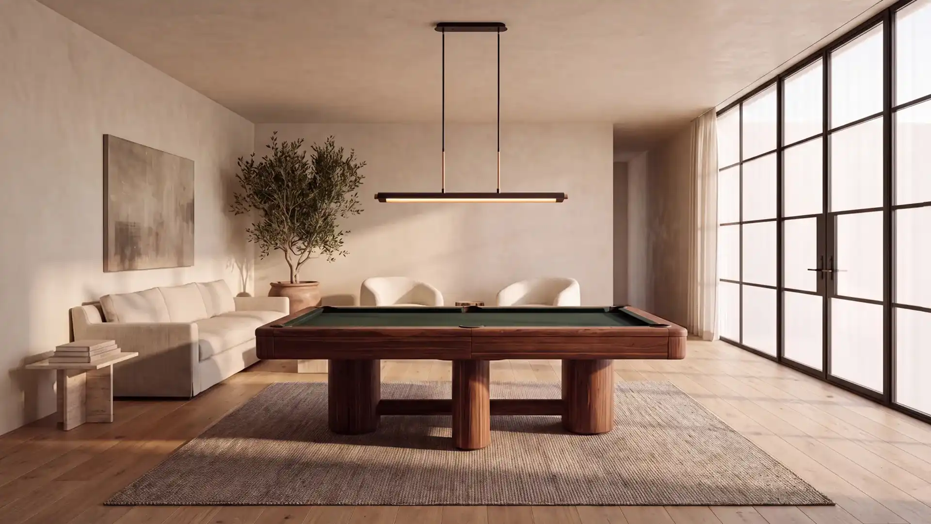 Contemporary wood pool table with pillar legs set on a woven rug in a minimalist, sunlit living room with large grid windows.