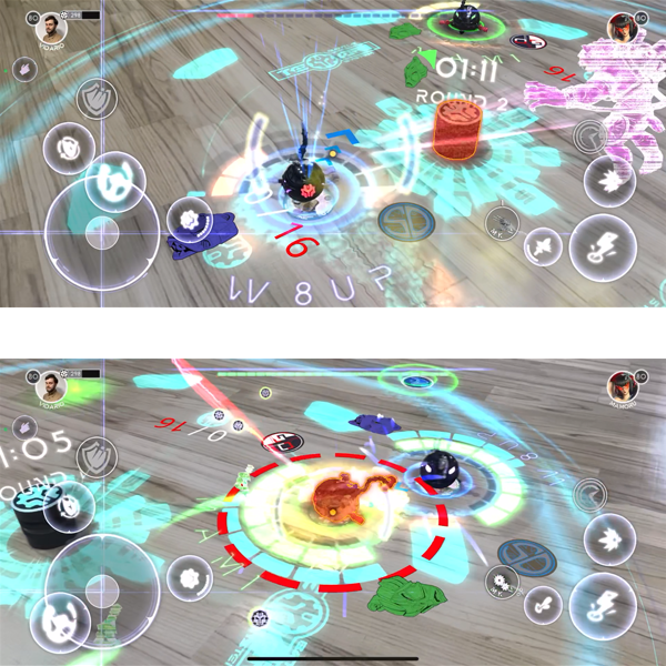 Phone screenshot showing AR effects with a physical mech and Temari tower on the floor.