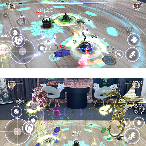 Phone screenshot of an AR arena battle showing two Legendary projections facing off against each other