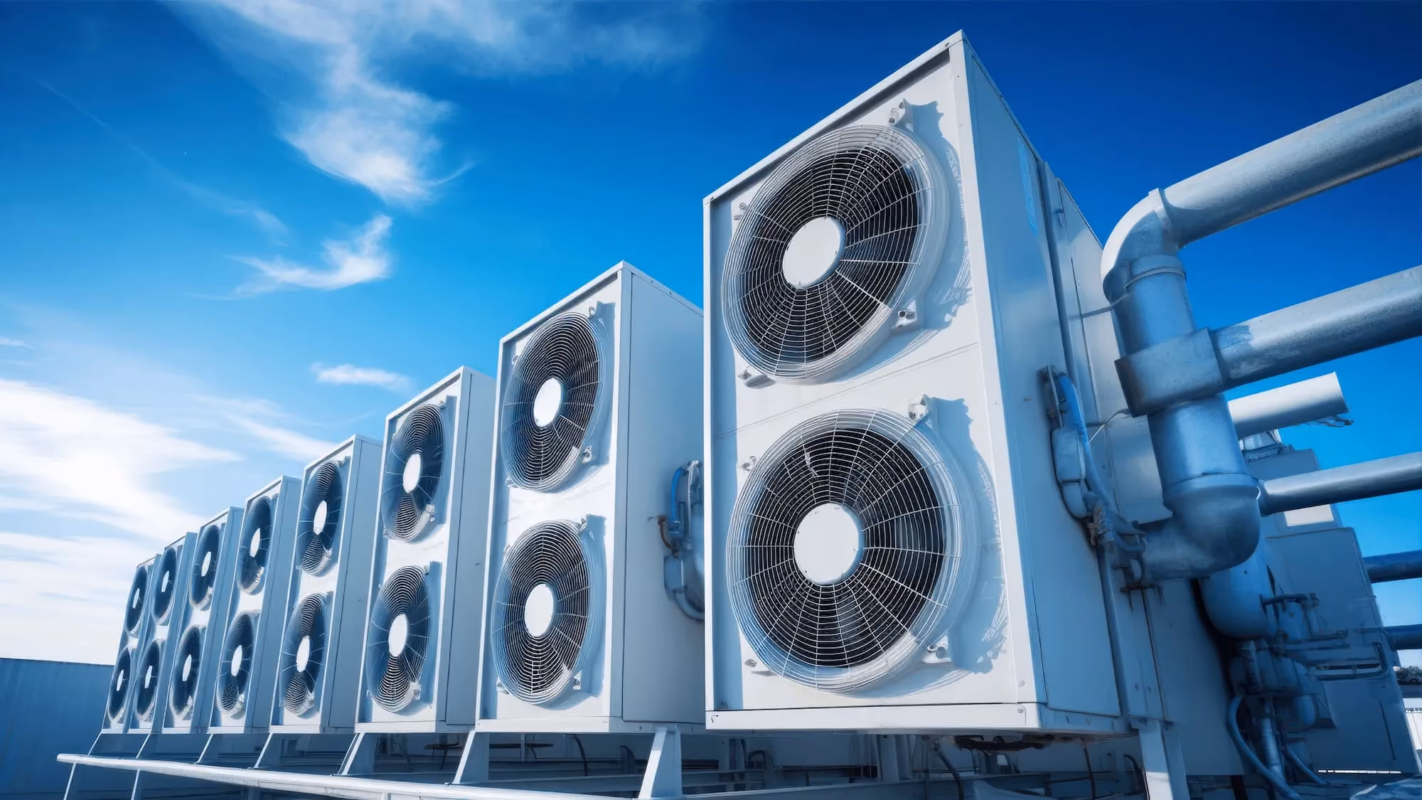 A row of air conditioners sitting on top of a roof