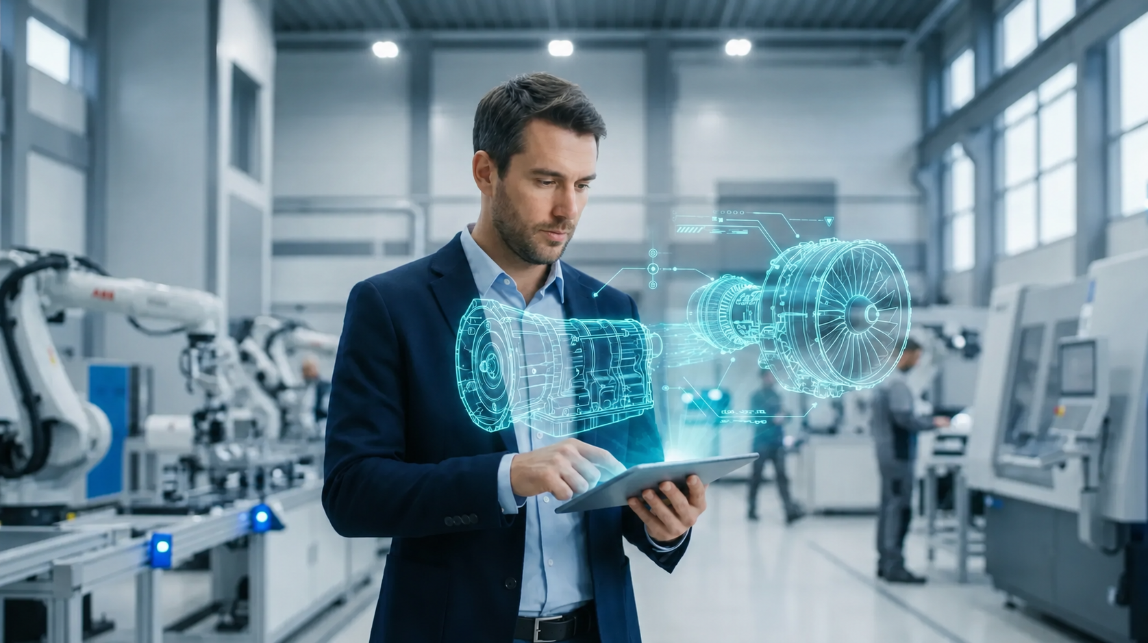 A tech leader in a modern Industry 4.0 manufacturing facility uses a tablet to analyze a glowing hologram that visualizes the strategic transition of an automotive component into an aerospace engine.