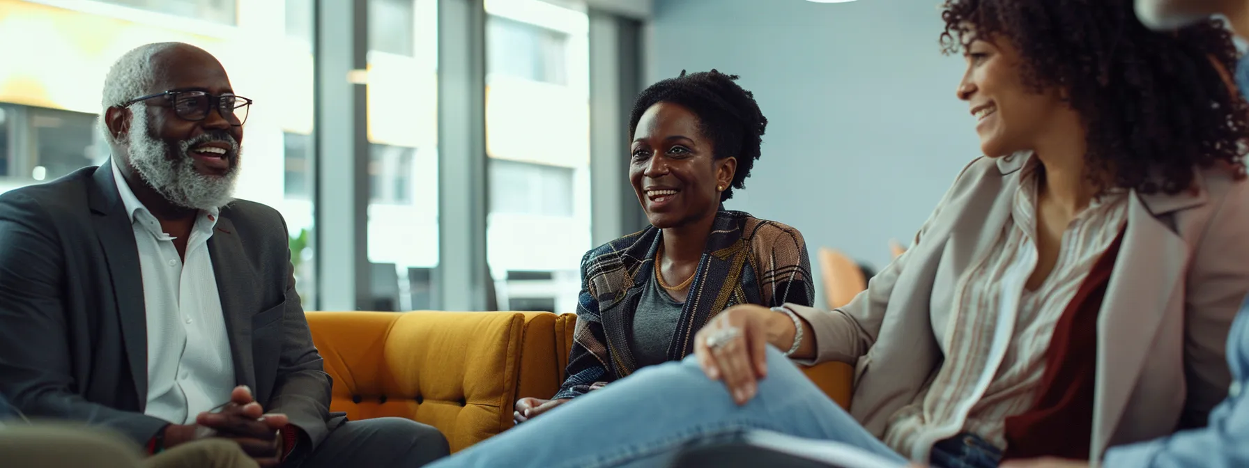 diverse group of business professionals discussing plus-size swimsuits.