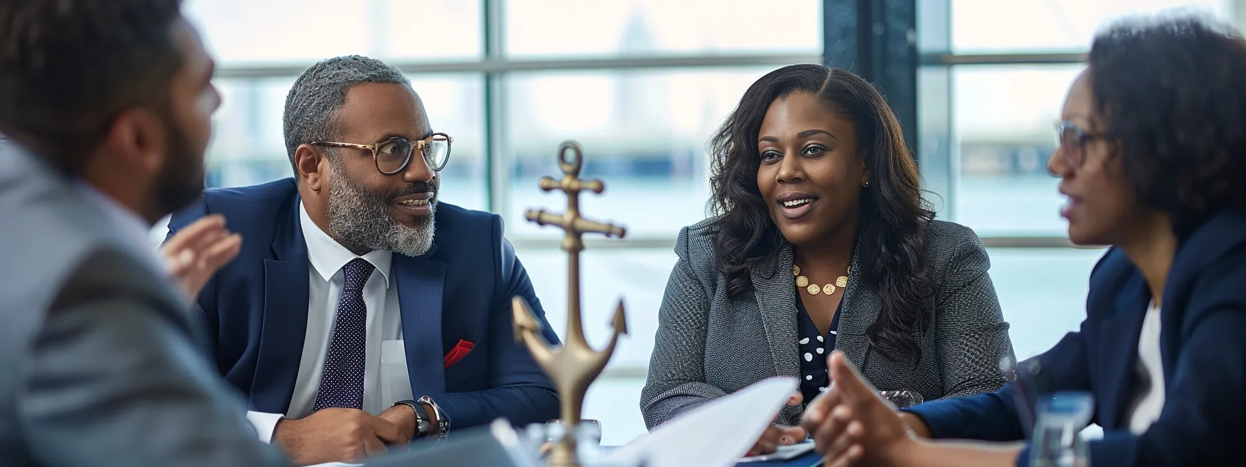 business professionals engaged in a lively discussion around an anchor symbolizing michael white esq's impactful legal dispute resolutions.