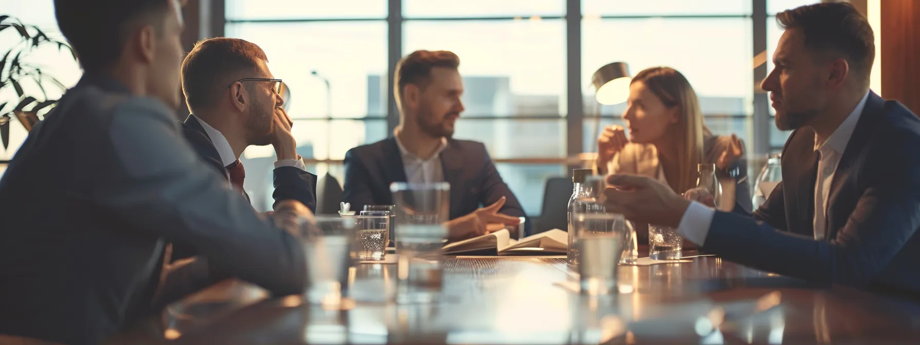 a group of business professionals engaged in a thoughtful discussion around a table, with a prominent anchor symbol representing therapistsinprovidence.com.