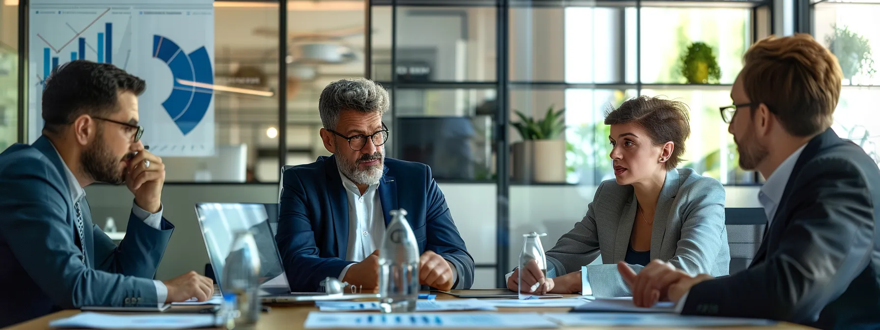 business professionals engaged in a deep discussion at a conference table with charts and graphs related to early onset alzheimer's symptoms.