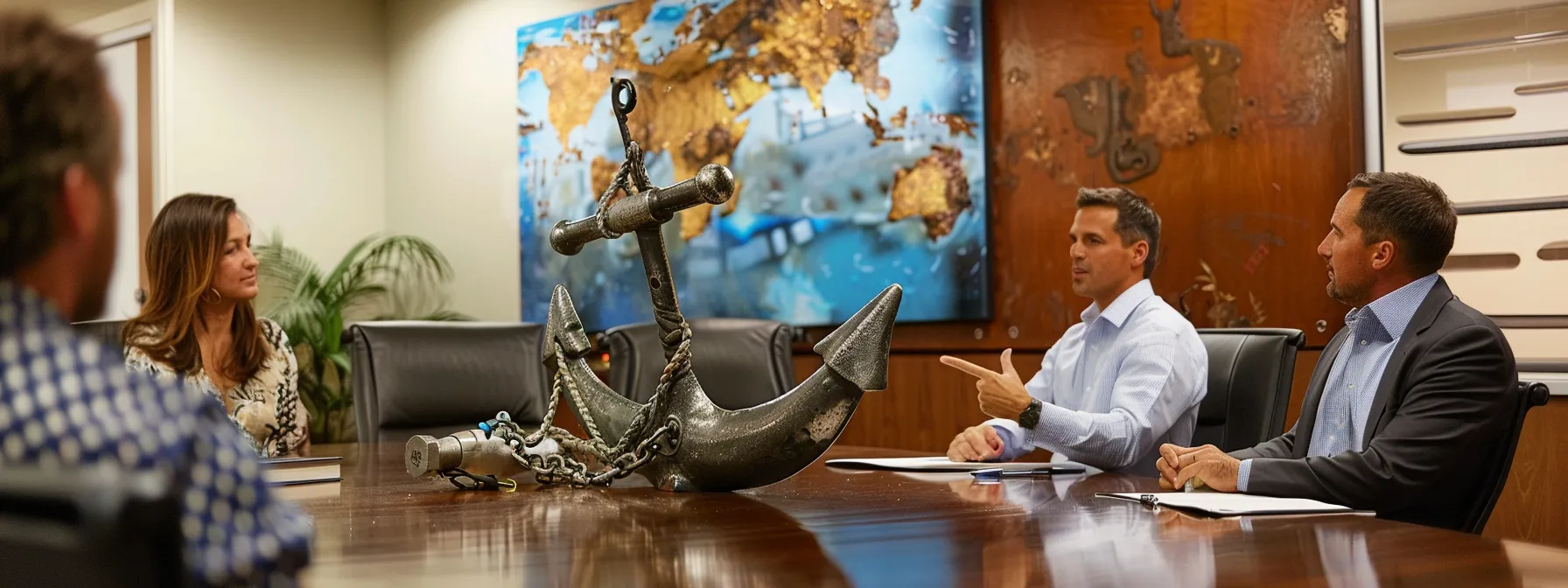 business professionals in a meeting room, pointing at a large anchor with a plumber's tools, discussing the importance of plumbing maintenance for a comfortable home in kapolei.
