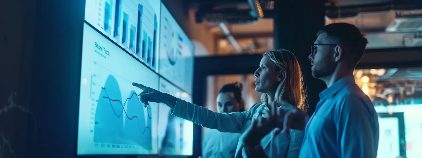 a group of professionals in a conference room looking at a chart showing increased employee satisfaction and decreased hiring expenses due to streamlined talent sourcing.