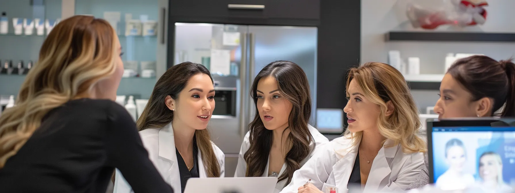 a group of professionals looking at before-and-after photos of ultherapy treatments in a sleek clinic in marin county.