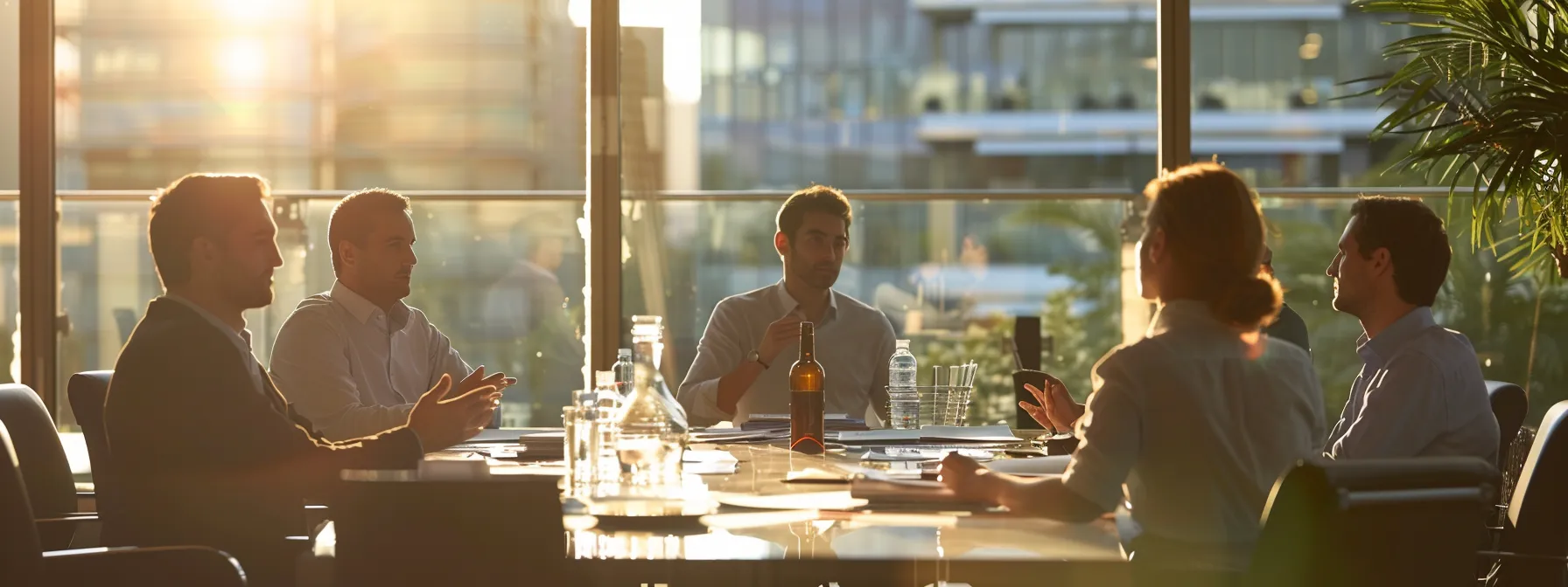 a group of business professionals meeting around a table, discussing disability claims and legal guidance.