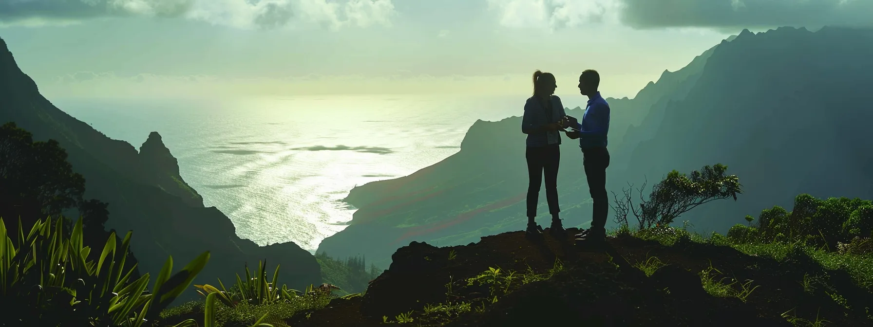 two business professionals engage in an animated discussion with a backdrop of the majestic na pali coast.