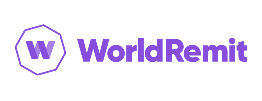 Purple WorldRemit logo with the word 'WorldRemit' in bold letters.