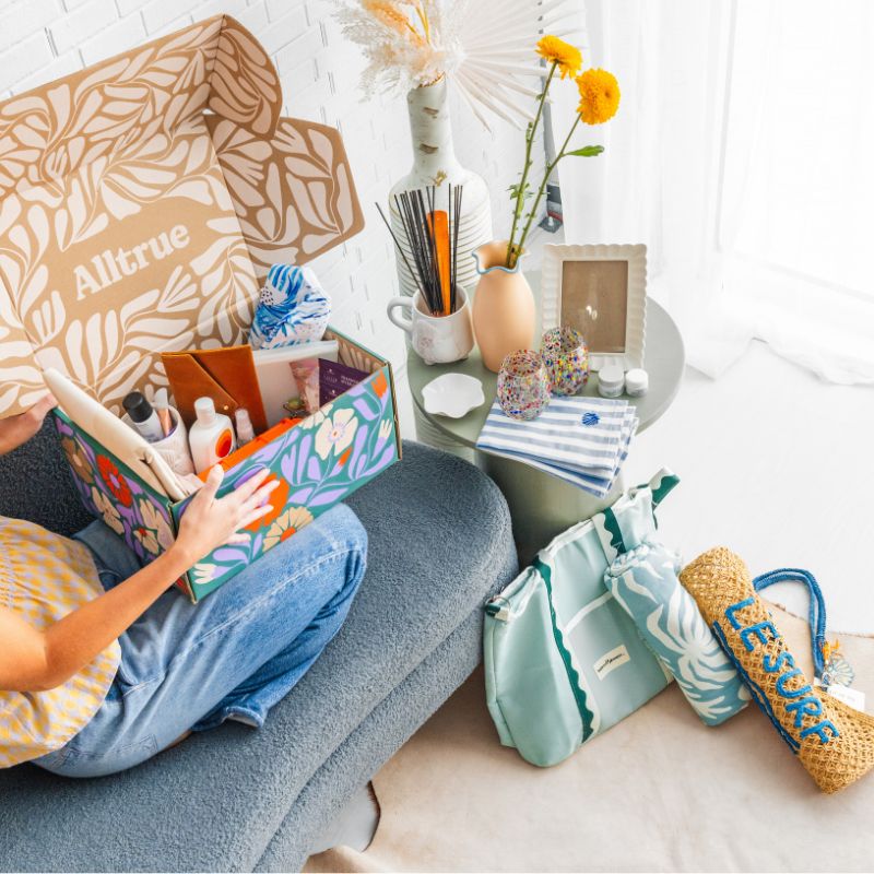 Open Alltrue box wit home wares, accessories, low waste lifestyle goods and more