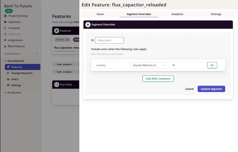 Creating a user segment in Flagsmith.