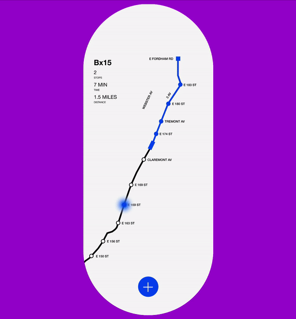 Gif of bus pole screen going from route to time to stops to audio and text
